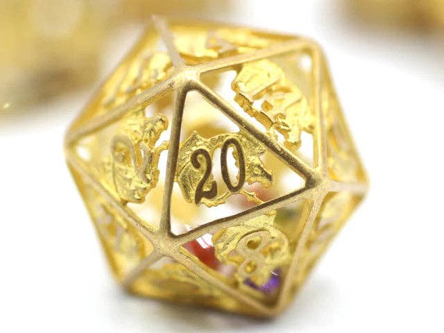 Hollow Dragon Single D20 Filled With Gems - Gold