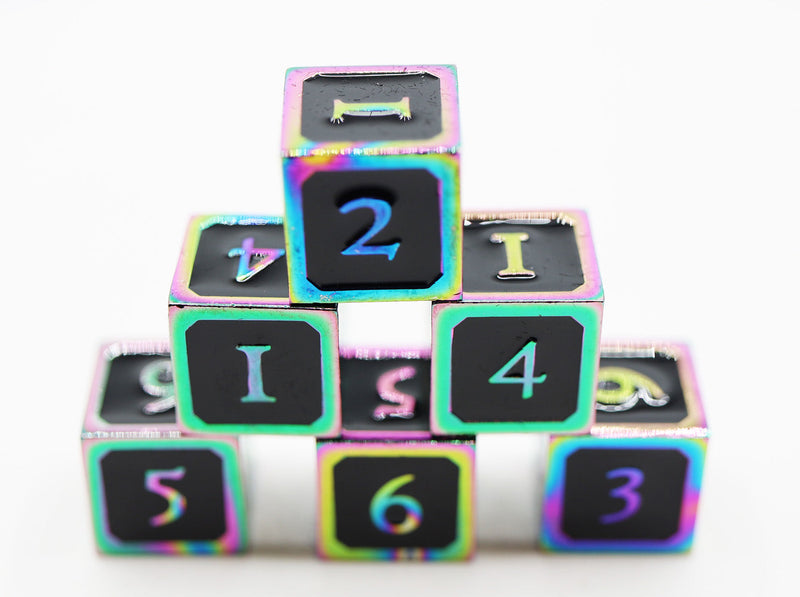 6 piece Metal D6s - Black and Burnt Opal