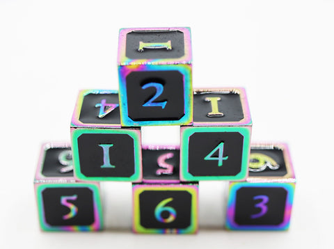 6 piece Metal D6s - Black and Burnt Opal