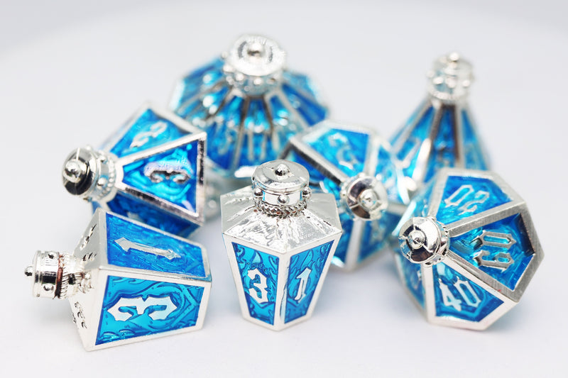 Moonlit Lantern: Silvered Frostfire - Metal RPG Dice Set