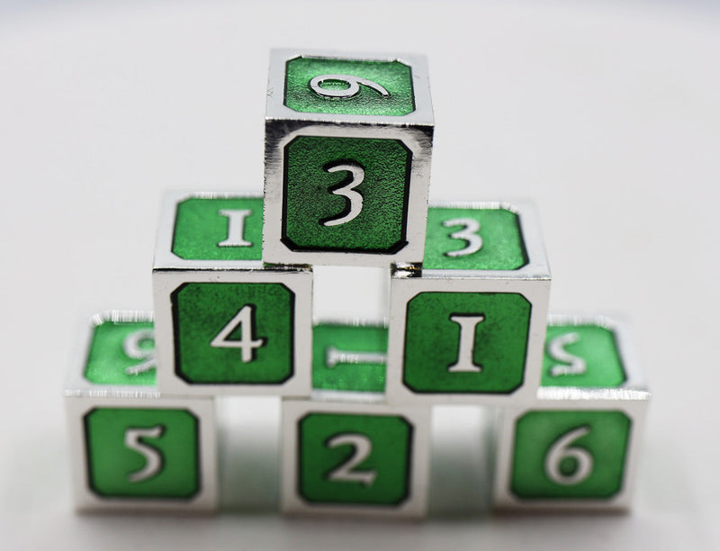 6 piece Metal D6s - Green and Silver