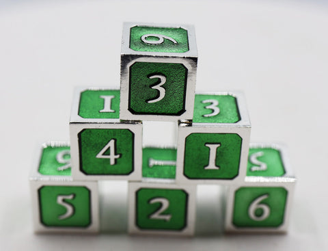 6 piece Metal D6s - Green and Silver