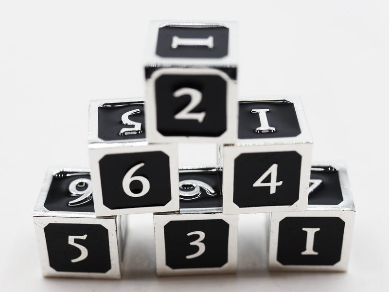 6 piece Metal D6s - Black and Silver