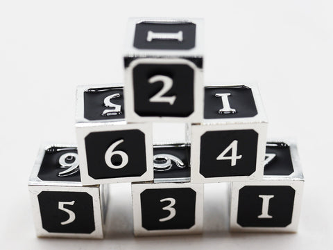 6 piece Metal D6s - Black and Silver