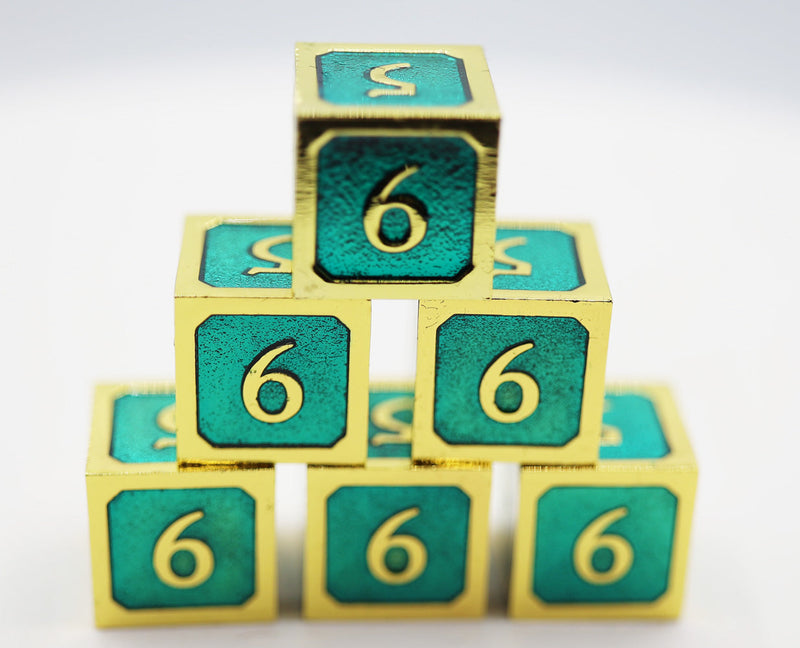 6 piece Metal D6s - Teal and Gold
