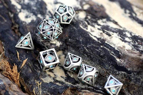 Dragon's Eye Hollow Metal Dice Set - Aqua Blue Gems