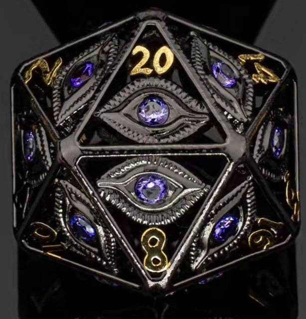 Dragon's Eye Hollow Metal Single D20 Dice - Purple Gems