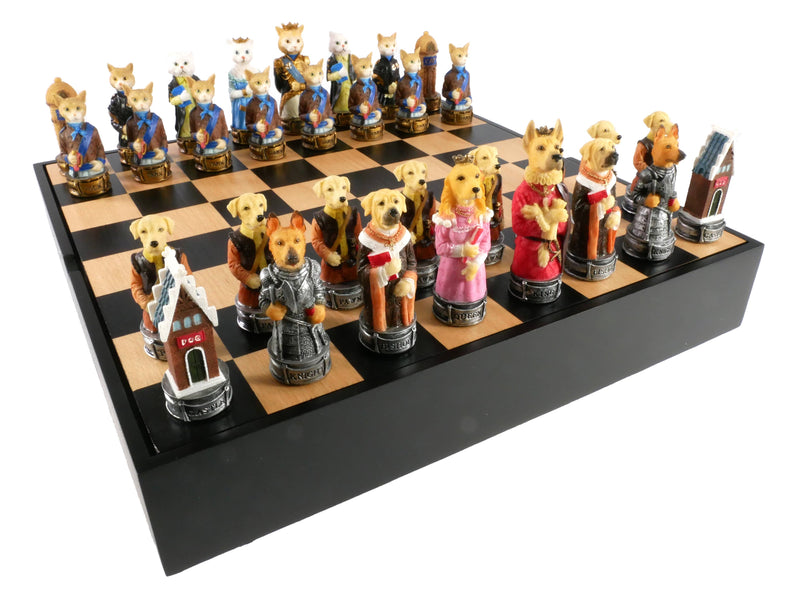 Chess Set - Cats & Dogs Resin Chessmen in Black/Maple Chest