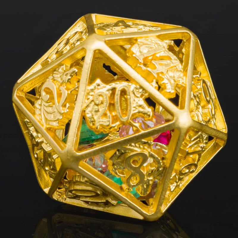 Hollow Dragon Single D20 Filled With Gems - Gold